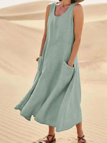 Robe Élégante Courte sans Manches avec Poches et Décolleté