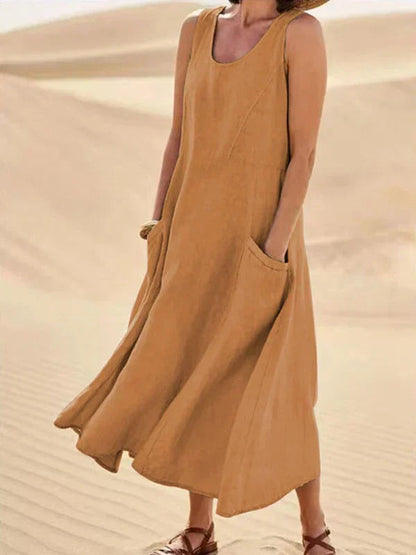 Robe Élégante Courte sans Manches avec Poches et Décolleté