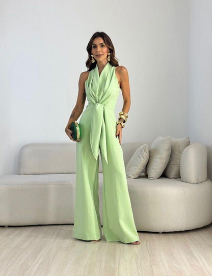 Combinaison Femme Fluide Col Drapé Taille Nouée Coupe Ajustée - PanierRoyale