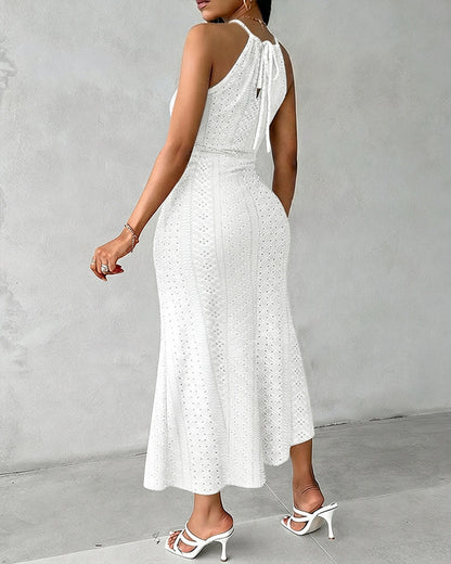 Robe Midi Femme Jacquard Ajouré Col Halter Fente