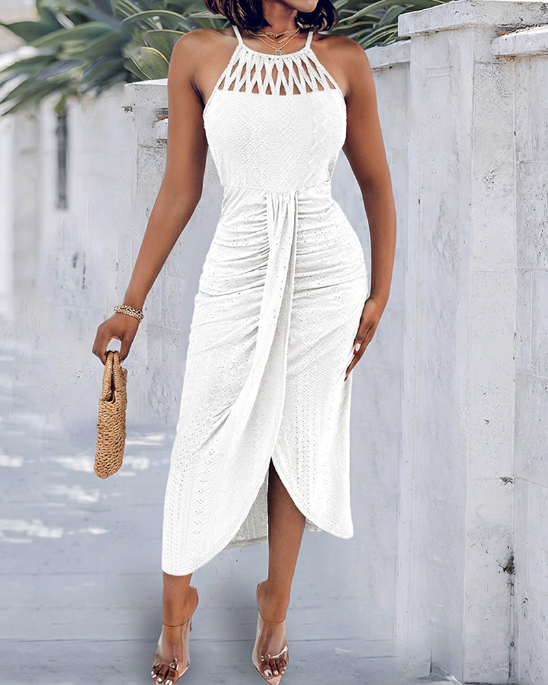 Robe Midi Femme Jacquard Ajouré Col Halter Fente