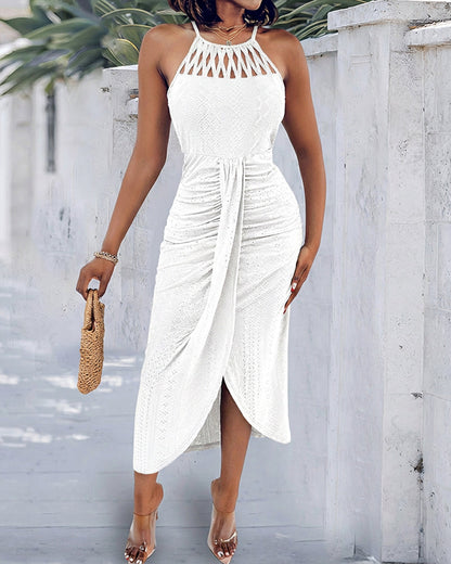 Robe Midi Femme Jacquard Ajouré Col Halter Fente