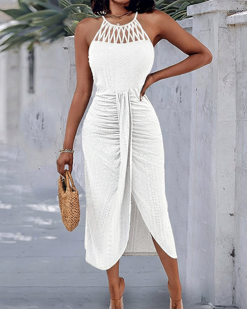 Robe Midi Femme Jacquard Ajouré Col Halter Fente