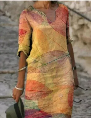 Robe Femme Manches Longues Imprimé Abstrait Élégant