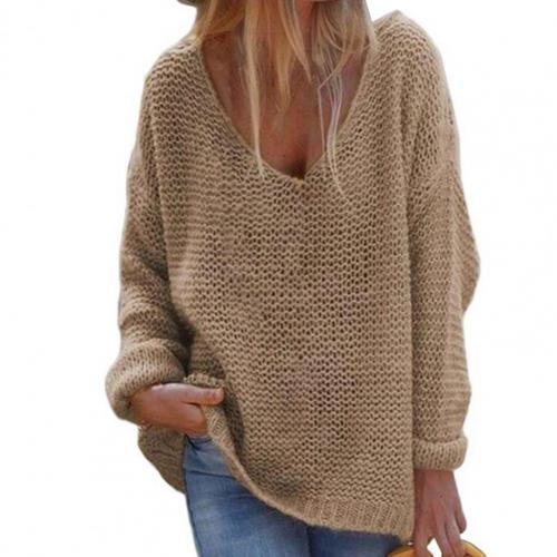 Pull Femme Col V Manches Longues Élégant Gris Clair
