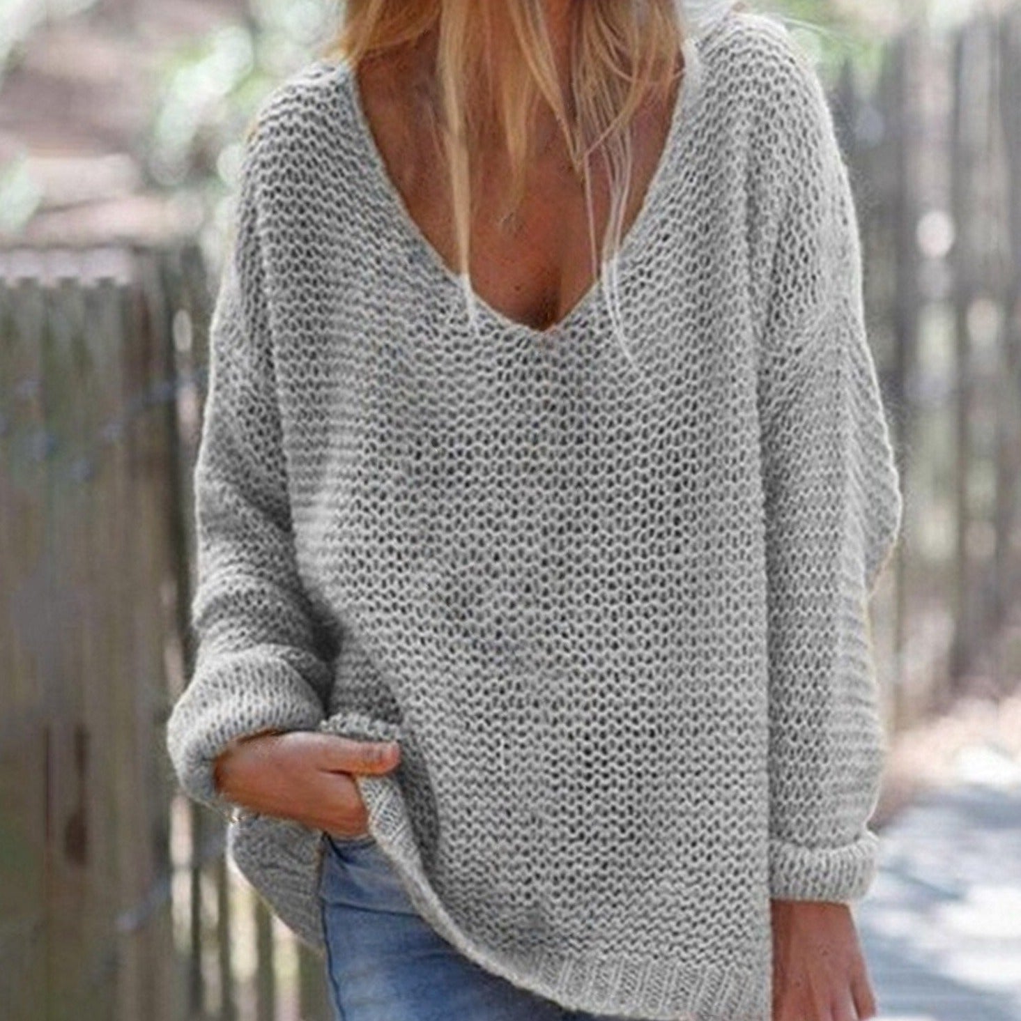 Pull Femme Col V Manches Longues Élégant Gris Clair - PanierRoyale