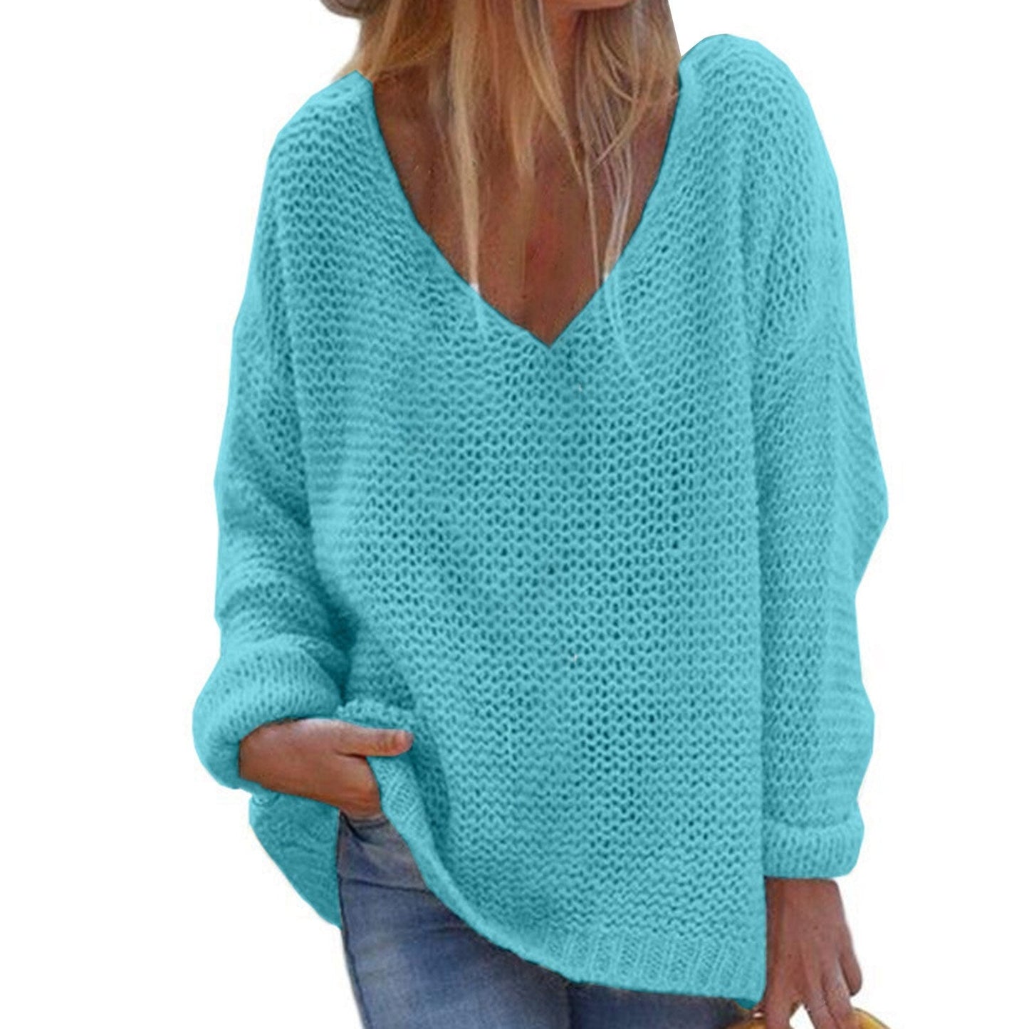 Pull Femme Col V Manches Longues Élégant Gris Clair