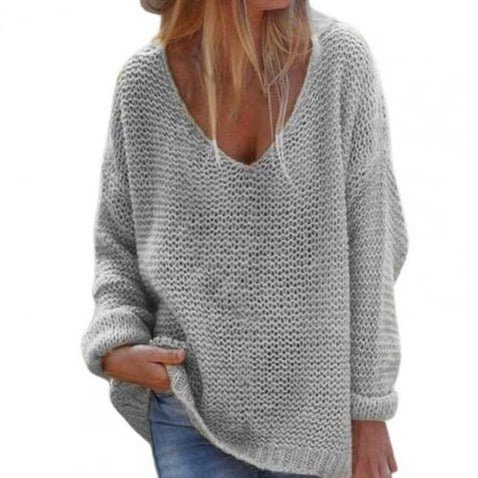 Pull Femme Col V Manches Longues Élégant Gris Clair