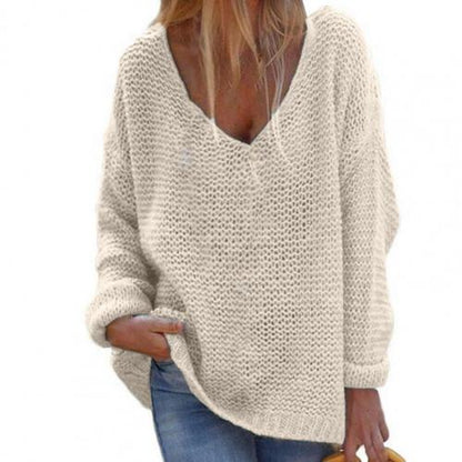 Pull Femme Col V Manches Longues Élégant Gris Clair