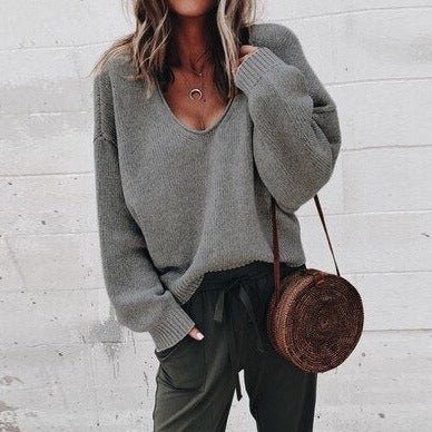 Pull Femme Col V En Cachemire Doux Gris - PanierRoyale