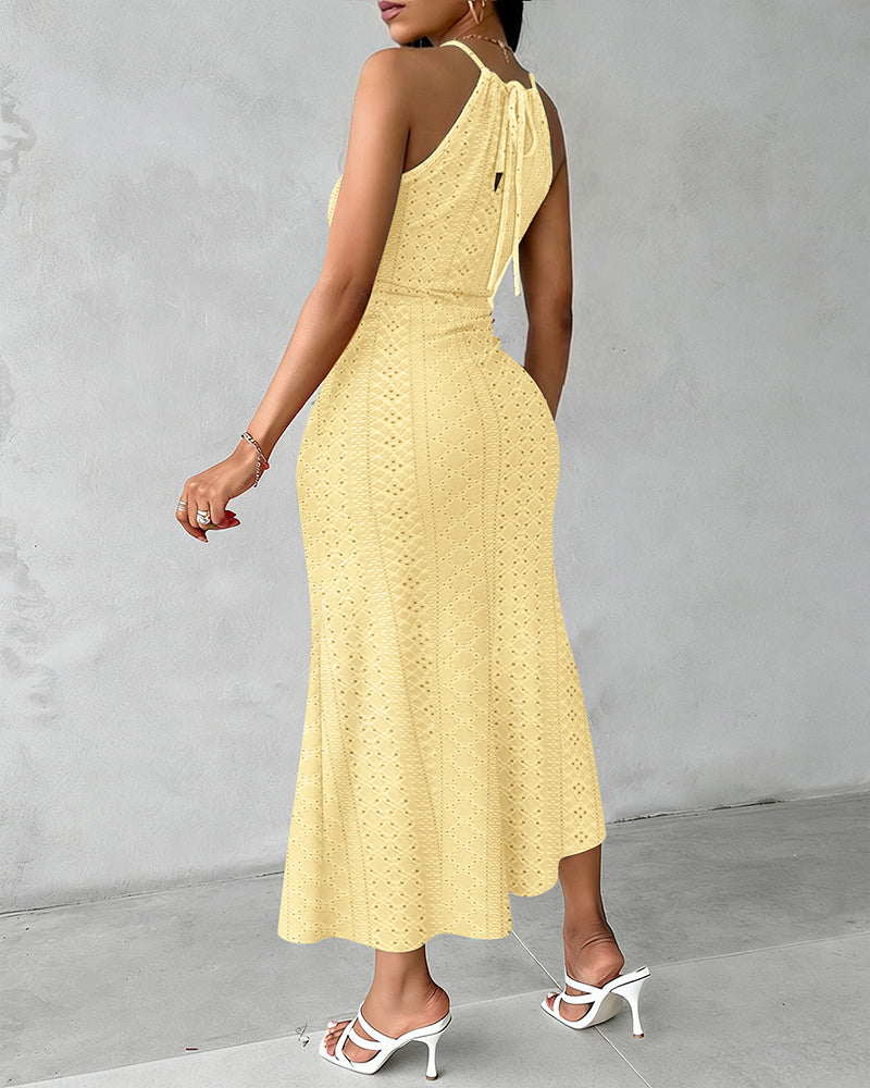 Robe Midi Femme Jacquard Ajouré Col Halter Fente