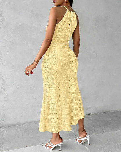 Robe Midi Femme Jacquard Ajouré Col Halter Fente