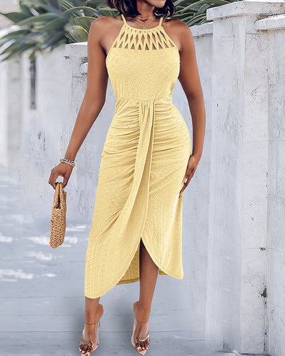 Robe Midi Femme Jacquard Ajouré Col Halter Fente