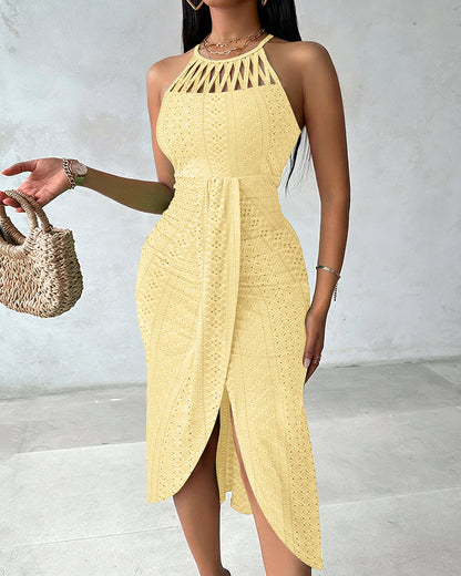 Robe Midi Femme Jacquard Ajouré Col Halter Fente