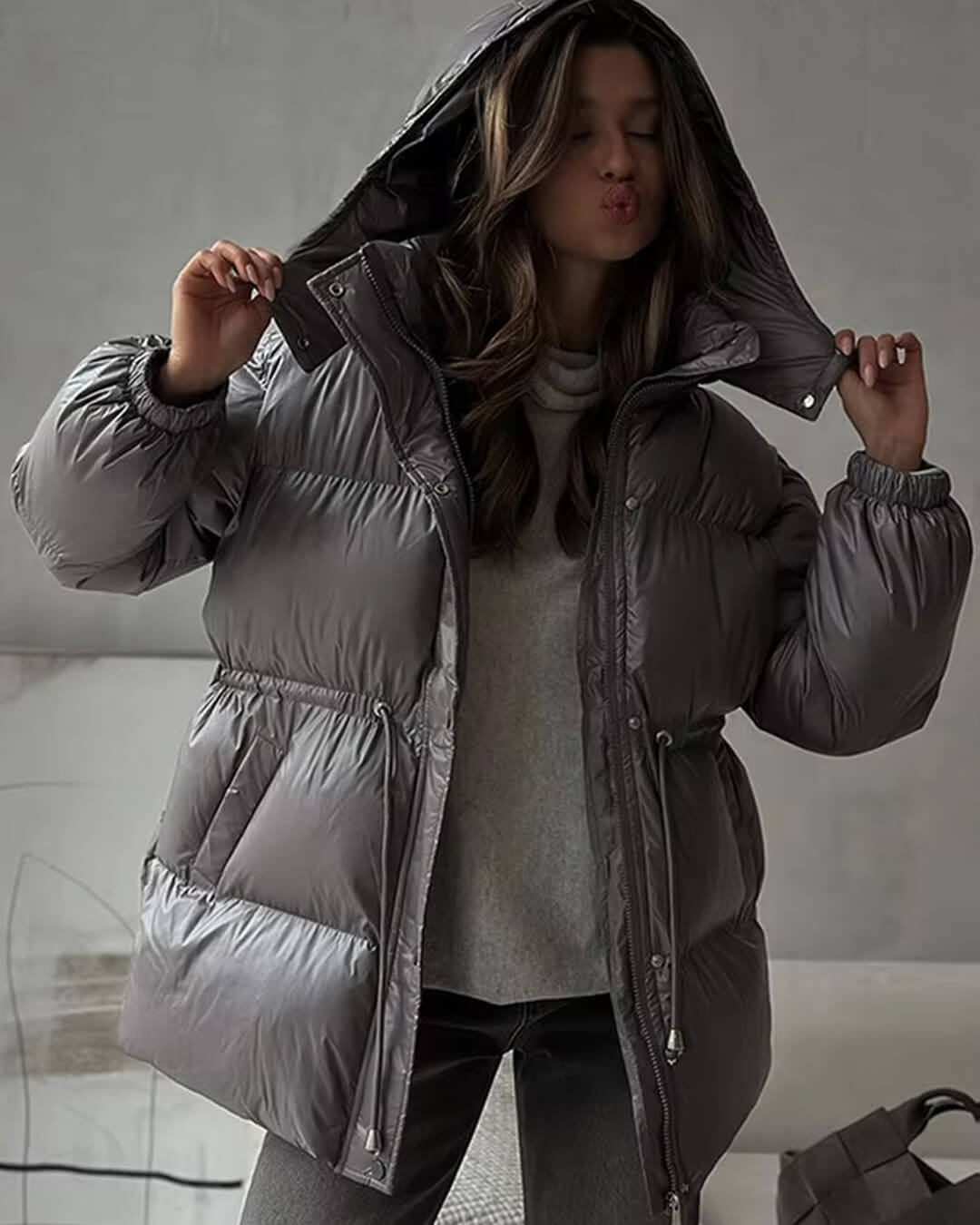 Veste Hiver Femme à Fermeture Éclair et Capuche Adjustable