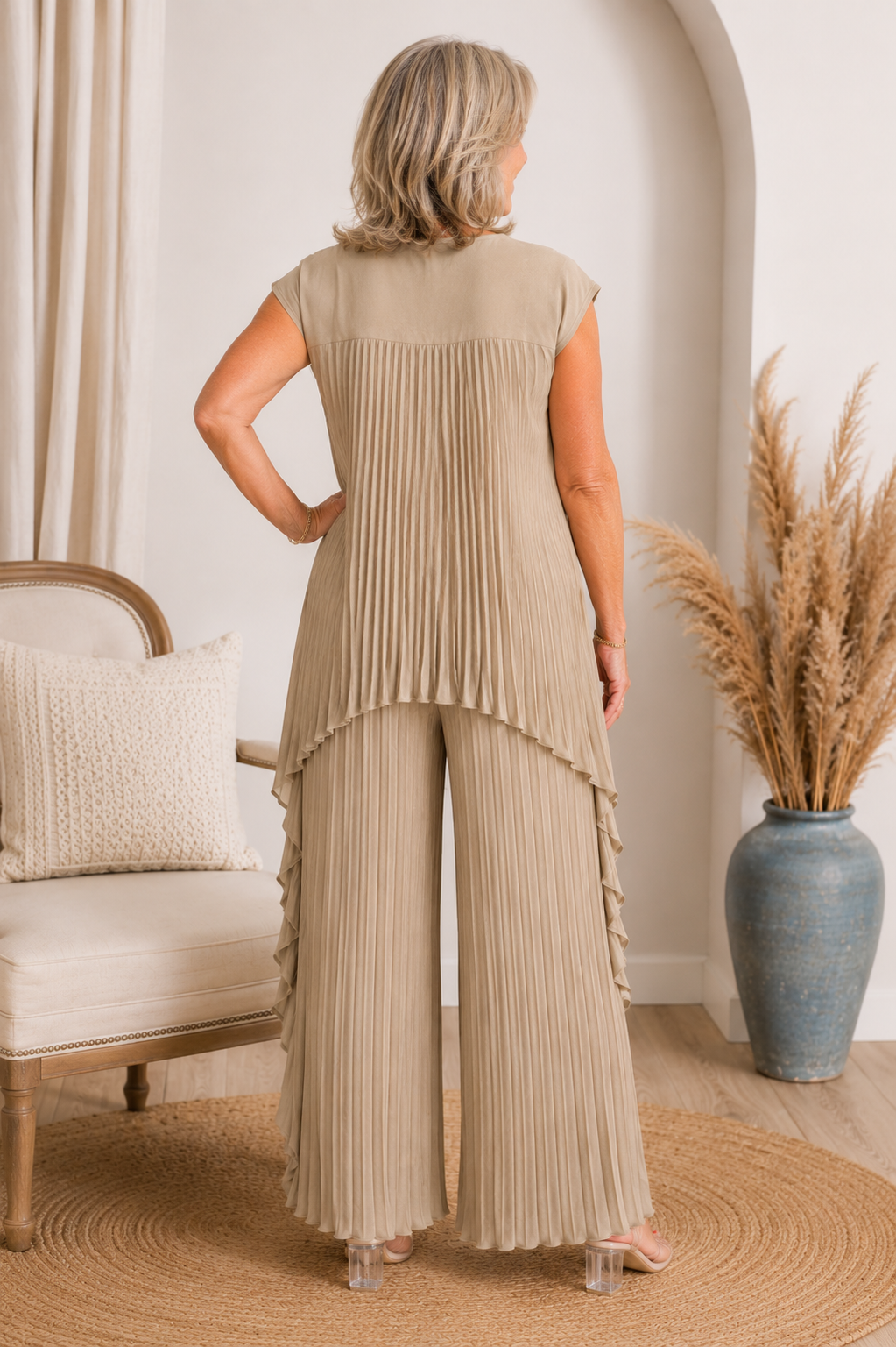 Ensemble Femme Plissé Pantalon Large Haut Asymétrique