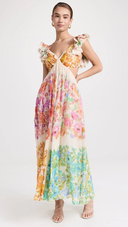 Robe Fleurie Pour Femme, Col en V et Bretelles Volants - BerlinGlamour