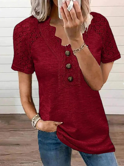 T-shirt Femme Coton Été Manches Courtes Décor Dentelle