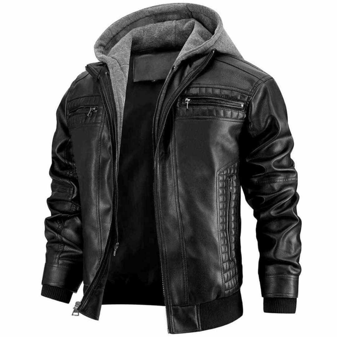 Veste Cuir Biker Homme Noir avec Capuchon et Éclair